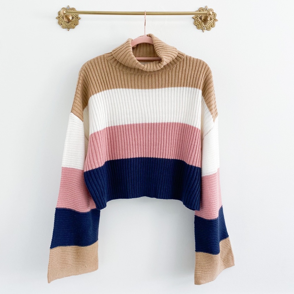 Awoo Boutique Colorblock Stripe Boxy Crop Turtleneck Sweater
